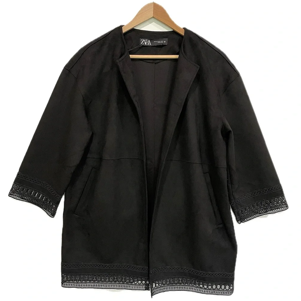 NWT Zara Black Faux Suede Oversized Open Jacket Womens Size XS Crochet Lace Trim